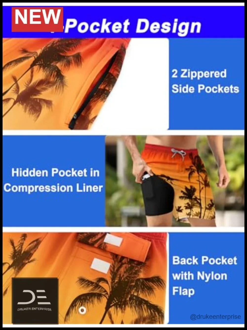 Mens Swim Trunks with Compression Liner 5 Inseam Quick Dry 2 in 1 Board Shorts